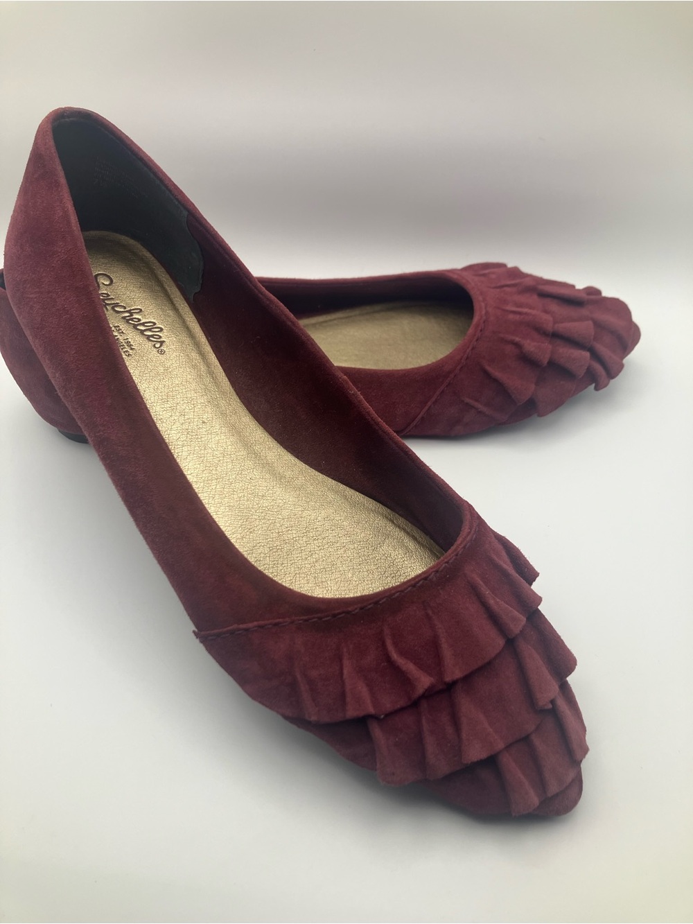 Seychelles Burgundy Suede Ruffle Pointed-Toe Flats